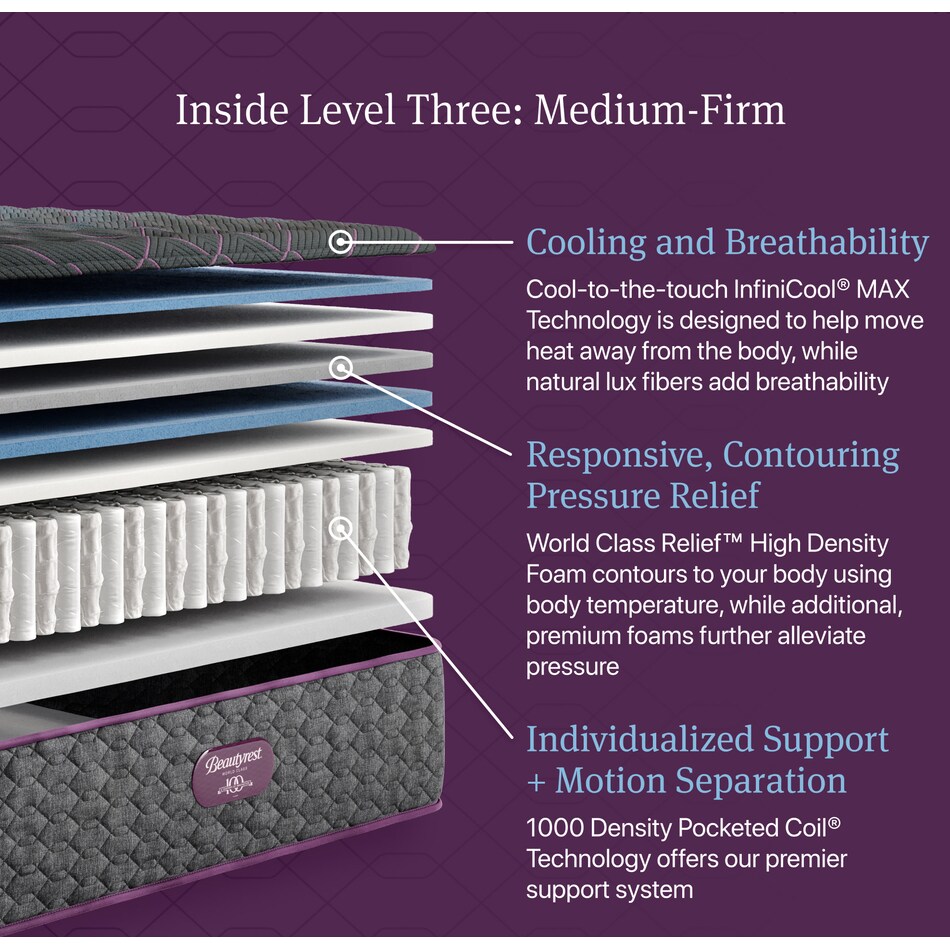 beautyrest world class level  med tt top color: gray side color: gray accent color: purple mattress twin xl   