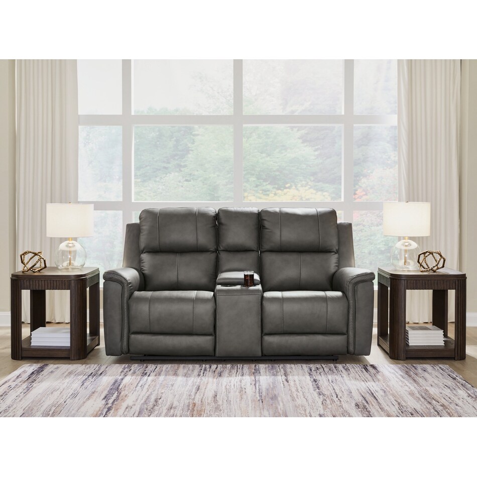 beryton grey power leather reclining console loveseat   