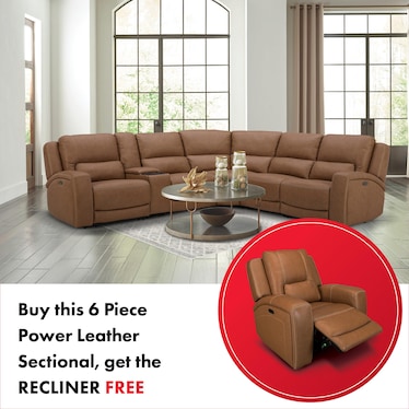 BISON 6-PC LEATHER POWER RECLINING SECTIONAL WITH FREE RECLINER!