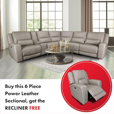 BISON 6-PC LEATHER POWER RECLINING SECTIONAL WITH FREE RECLINER!