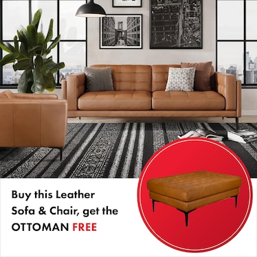CONNER LEATHER SOFA AND CHAIR WITH FREE LEATHER OTTOMAN