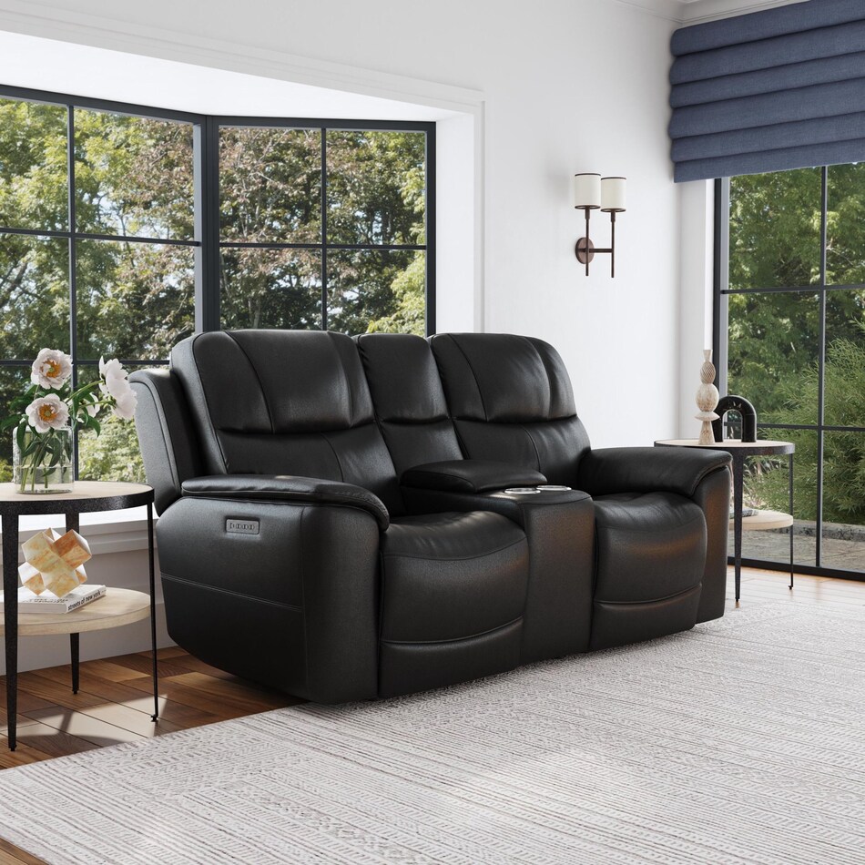 crofton black power leather reclining console loveseat   