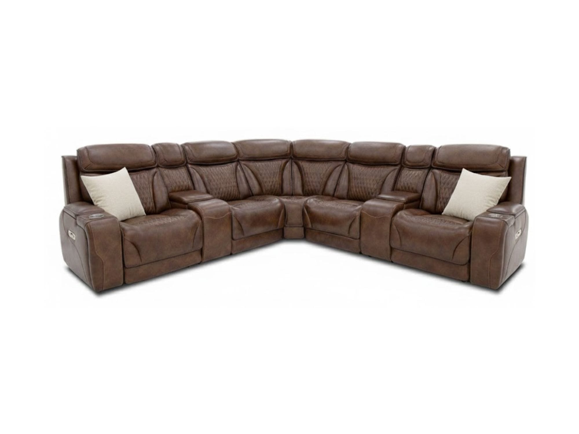 tobacco leather sectional DURANTE 7PC LEATHER RECLINING SECTIONAL WITH HEAT AND MASSAGE