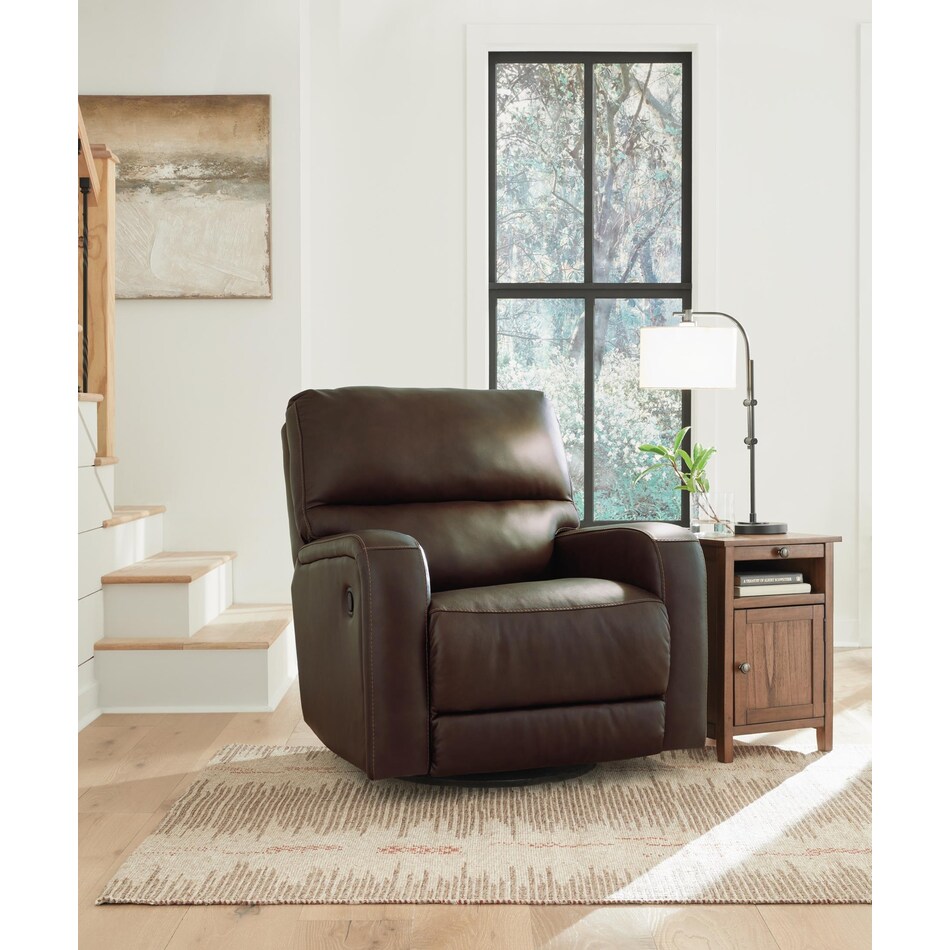 emberla brown leather swivel glider recliner   