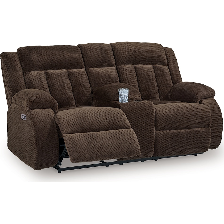 greely bend chocolate reclining console loveseat   