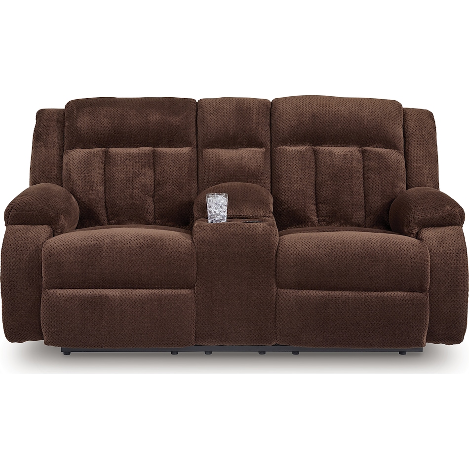 greely bend chocolate reclining console loveseat   
