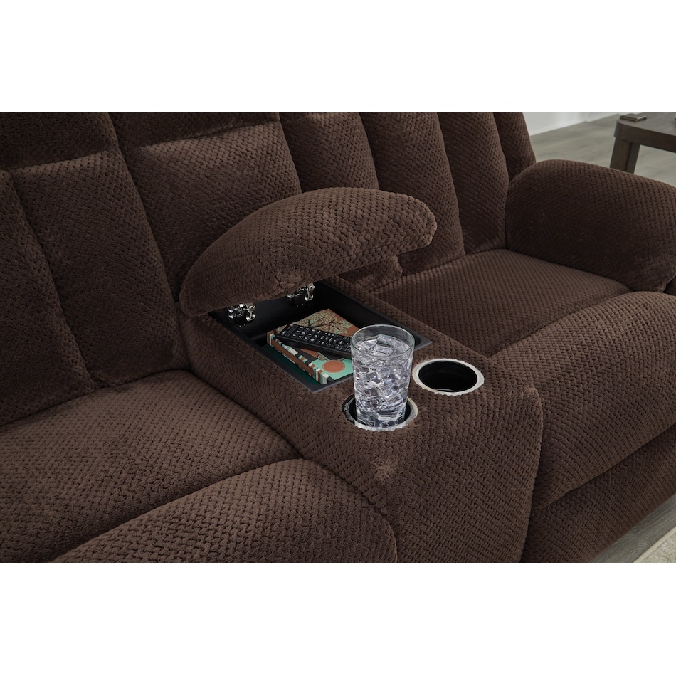 greely bend chocolate reclining console loveseat   