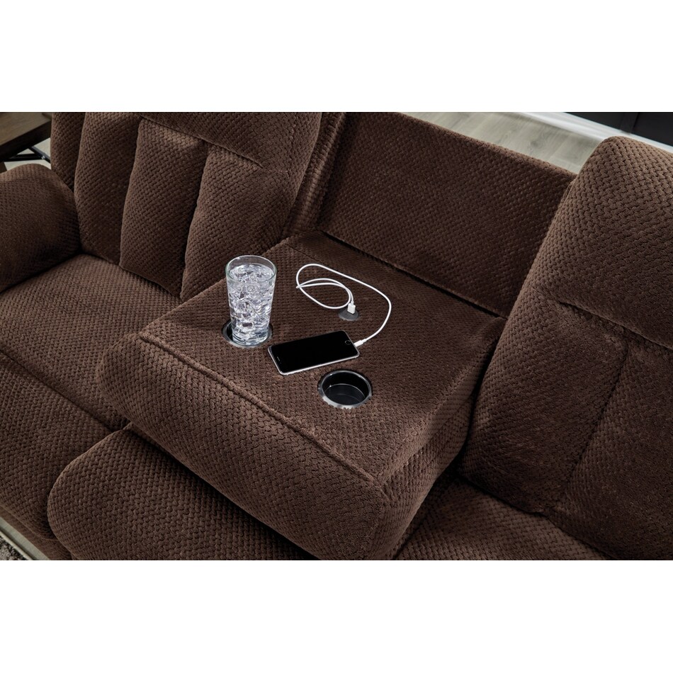 greely bend chocolate reclining sofa   