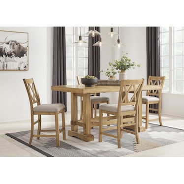 HAVONPLANE COUNTER HEIGHT DINING TABLE AND 4 BAR STOOLS