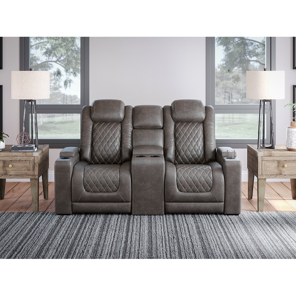 hyllmont grey power reclining console loveseat   