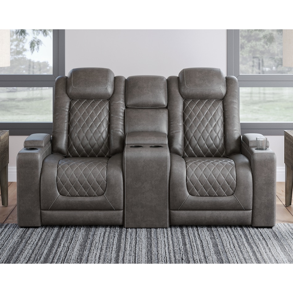 hyllmont grey power reclining console loveseat   