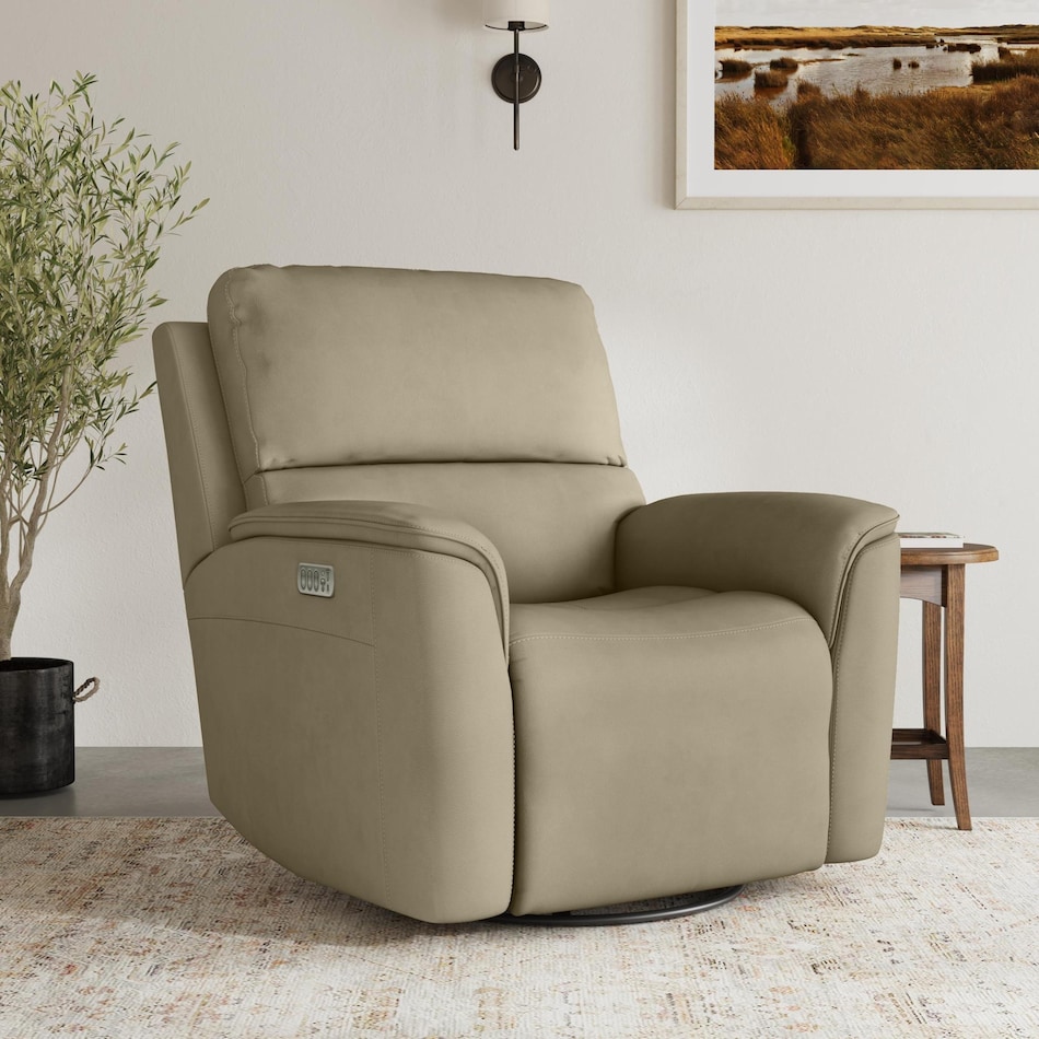 keanu swivel beige power leather recliner   