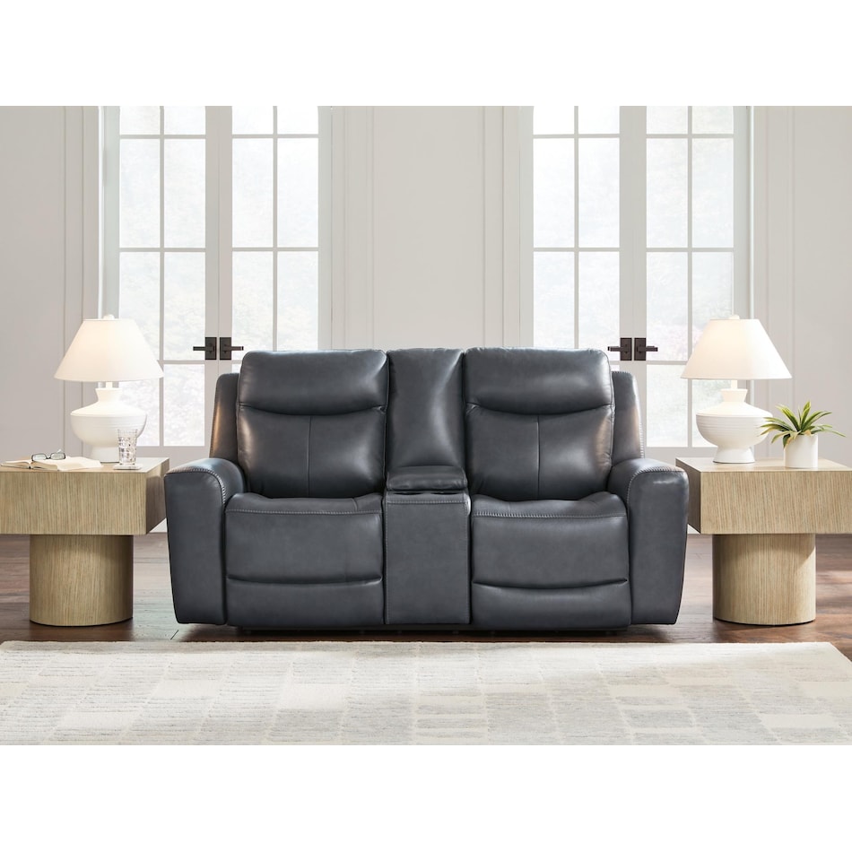 momentum blue power leather reclining console loveseat   