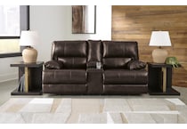 mountainous brown power leather reclining console loveseat   