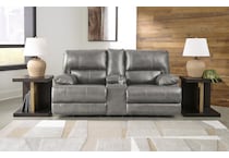 mountainous gray power leather reclining console loveseat   