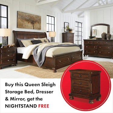 PORTER QUEEN SLEIGH STORAGE BED WITH DRESSER, MIRROR AND FREE NIGHSTAND