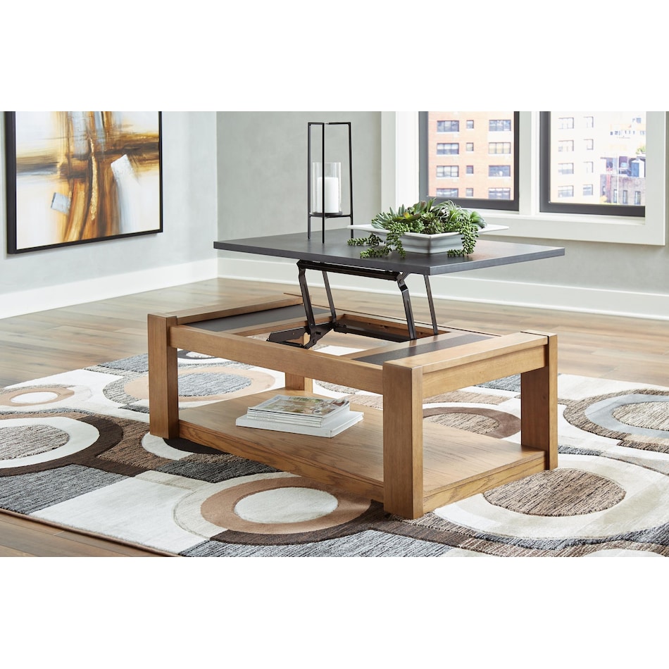 quentina light brown black cocktail table lift top   