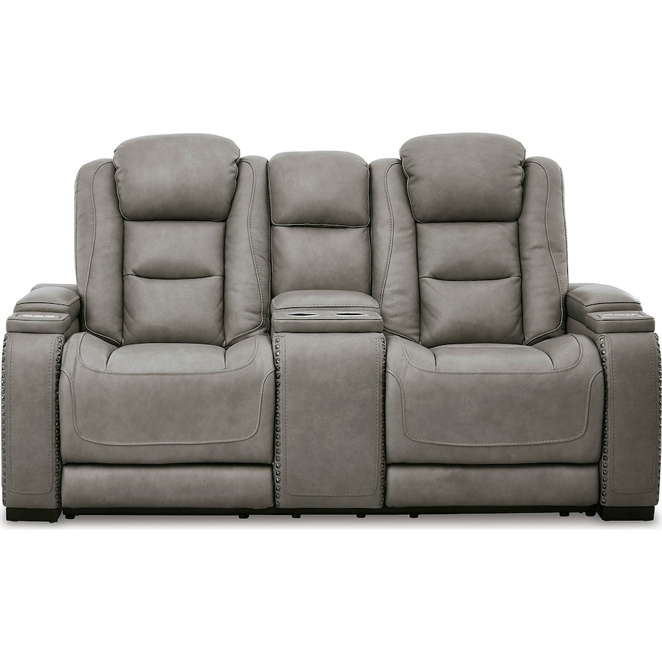 the man den gray power leather reclining console loveseat   