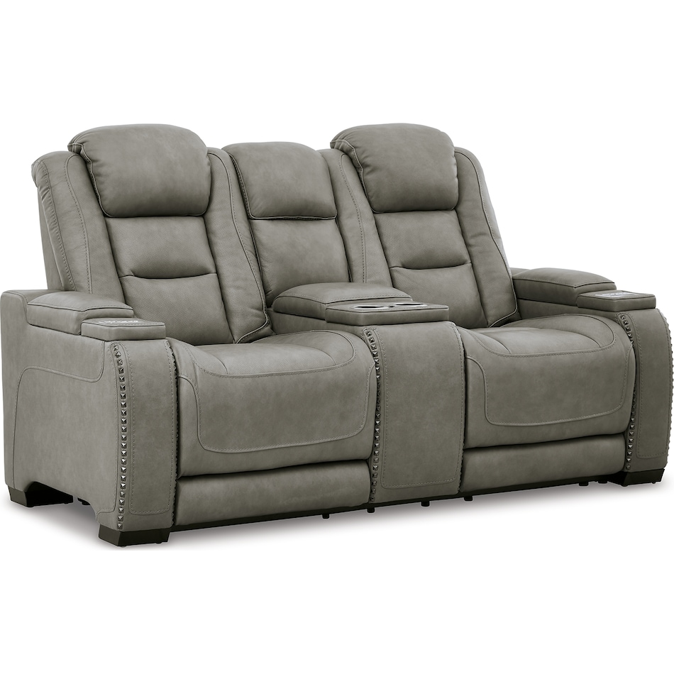 the man den gray power leather reclining console loveseat   