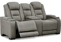 the man den gray power leather reclining console loveseat   