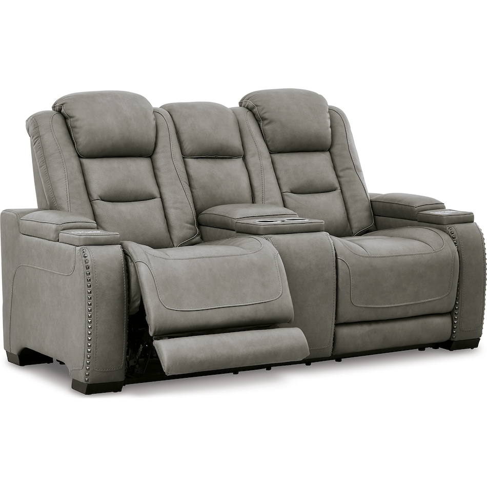 the man den gray power leather reclining console loveseat   