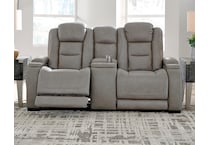 the man den gray power leather reclining console loveseat   