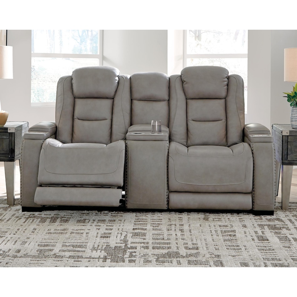 the man den gray power leather reclining console loveseat   