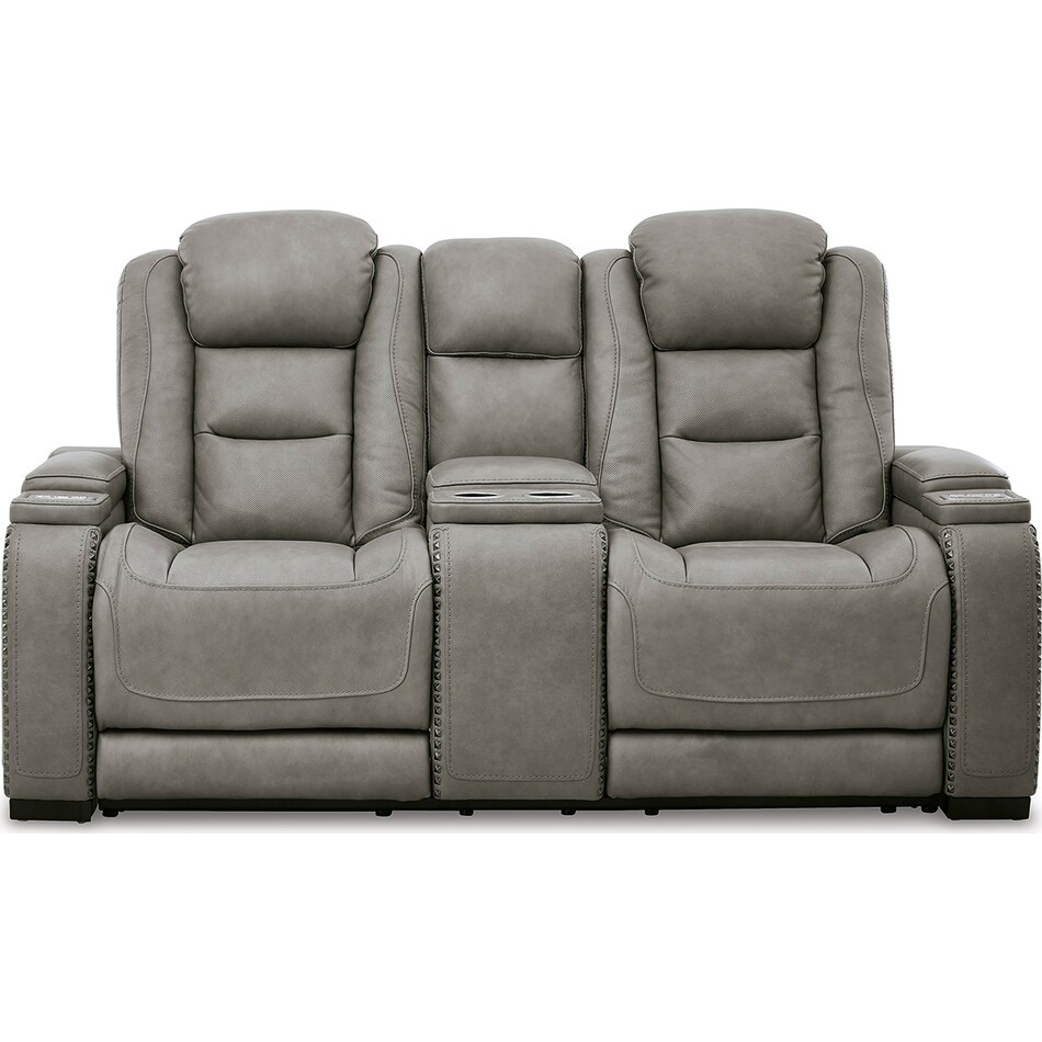 the man den grey power leather reclining console loveseat   