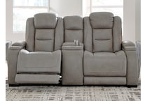 the man den grey power leather reclining console loveseat   