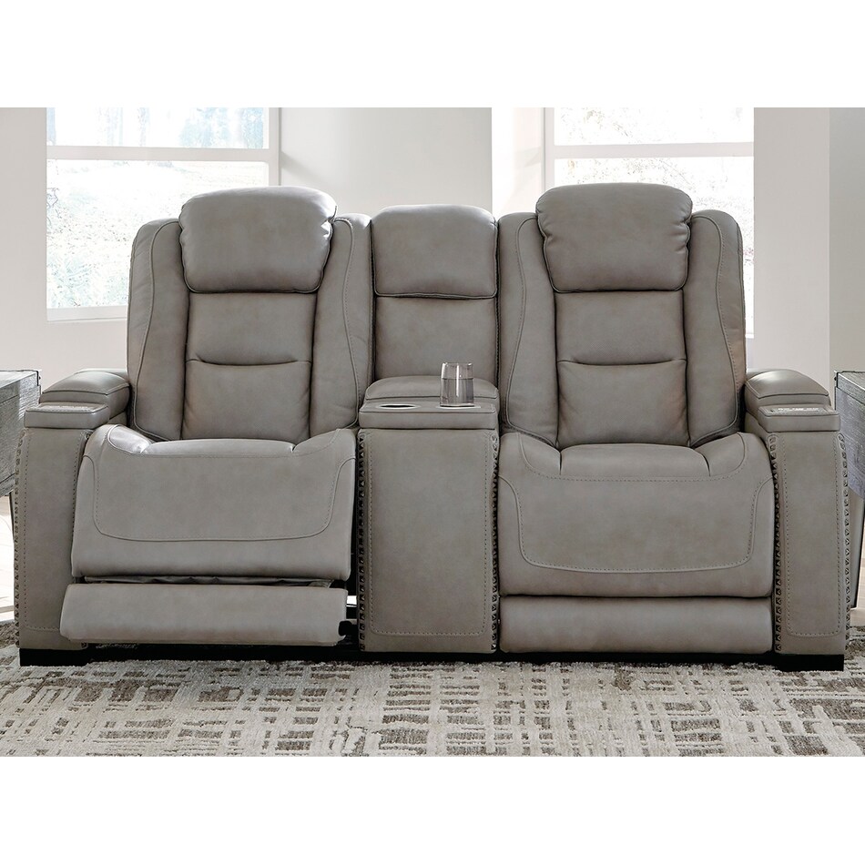 the man den grey power leather reclining console loveseat   