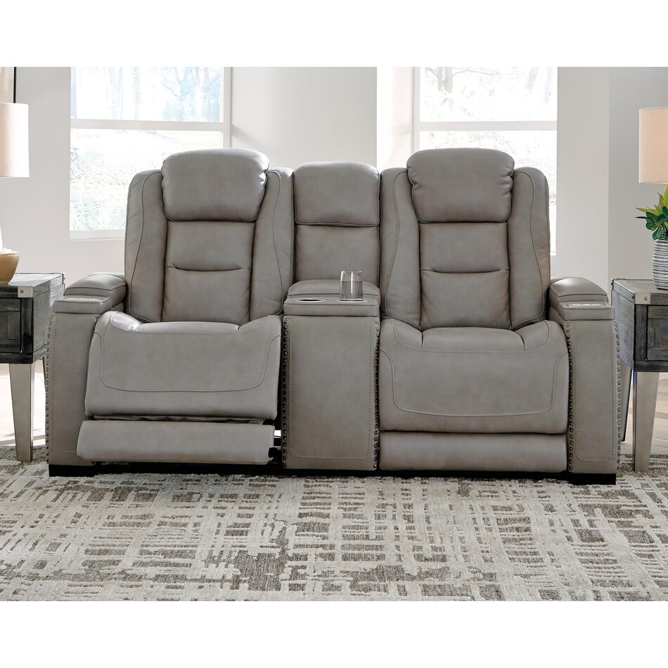 the man den grey power leather reclining console loveseat   