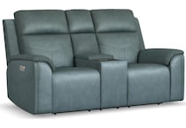 valor blue power leather reclining console loveseat   