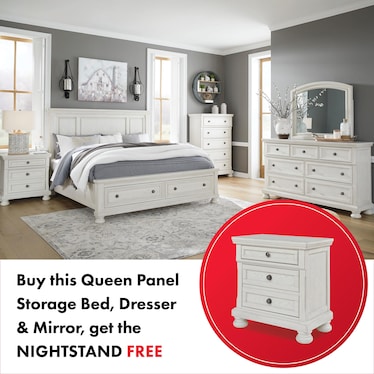 ROBBINSDALE PANEL STORAGE BED WITH DRESSER, MIRROR AND FREE NIGHSTAND